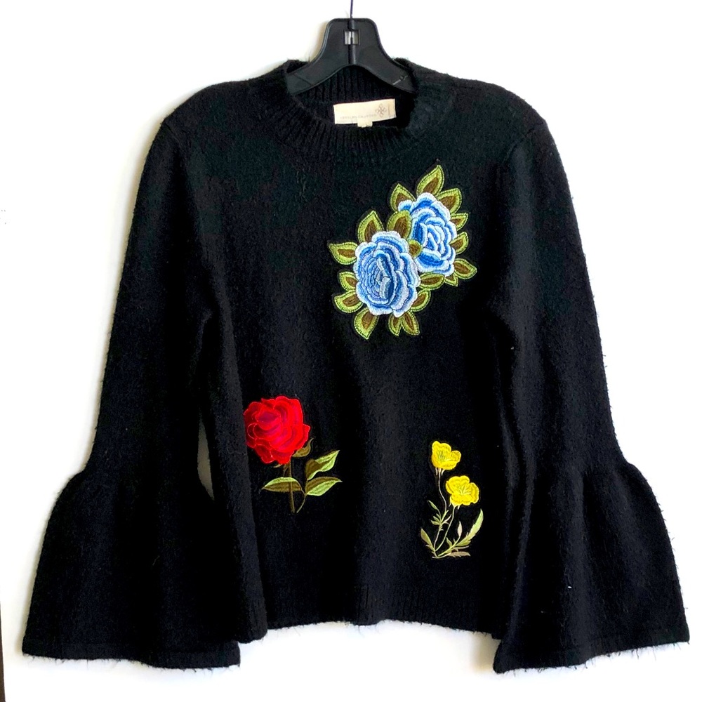 🌴DEMOCRACY Black Embroidered Bell Sleeve Sweater